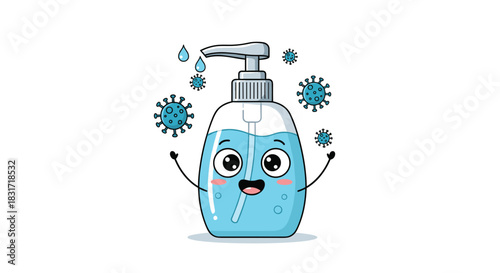 Friendly cartoon hand sanitizer bottle fights germs with happy arms and big eyes in a bright clean setting and a friendly sparkle around the cap.