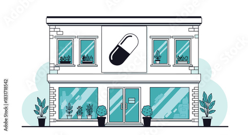 Pharmacy storefront on a two story building featuring a large pill sign on the center facade with glass windows and several potted plants along the entrance.
