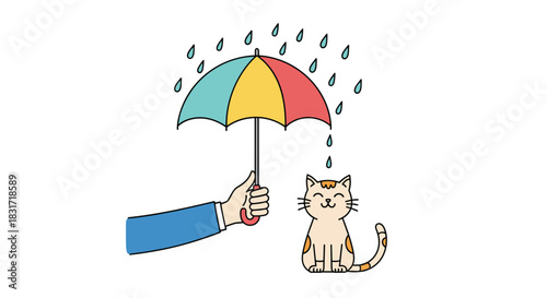 A person holding a colorful umbrella over a happy cat during a rain shower.