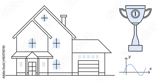 Achievement concept. A neatly outlined house, a line graph, and a trophy display steps toward progress, learning, and accomplishment. Ideal for education, real estate growth, goal setting academic