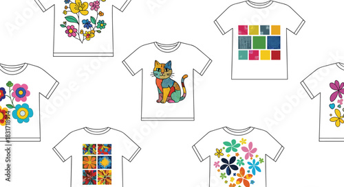Collection of white t-shirts with colorful abstract and floral designs.