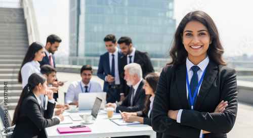 Happy indian corporate female employee standing confidently