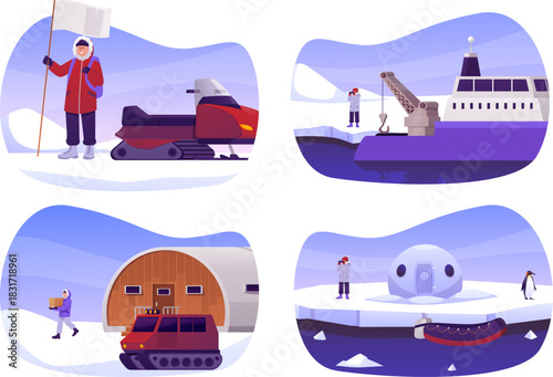 A set of polar research stations with people, a ship, a snowmobile, and barns, in round frames.