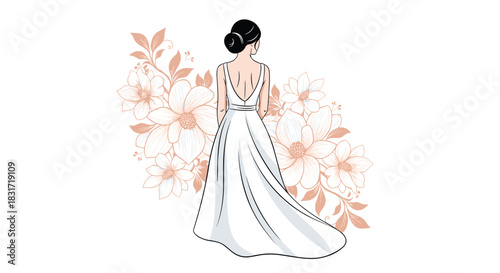 Illustration of a bride in a white wedding dress with a low back, standing in front of floral decorations.
