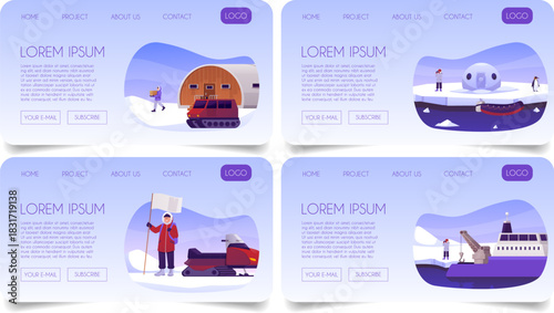 Arctic exploration, Polar expedition vector flat landing page, scientific station with explorers, buildings, vehicles