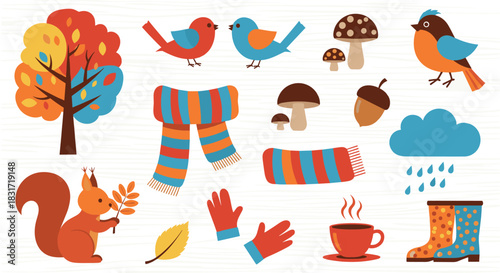 Autumnal cartoon elements featuring a tree, squirrel, birds, leaves, scarves, and hot drinks.