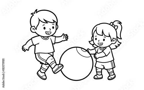 Playful kids engaged in friendly outdoor ball game line art