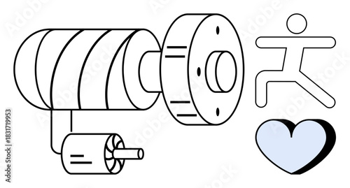Large gear, smaller motor, abstract person running, and a heart icon convey health tracking, fitness, energy, mechanics, and technology. Ideal for wellness innovation energy health care research