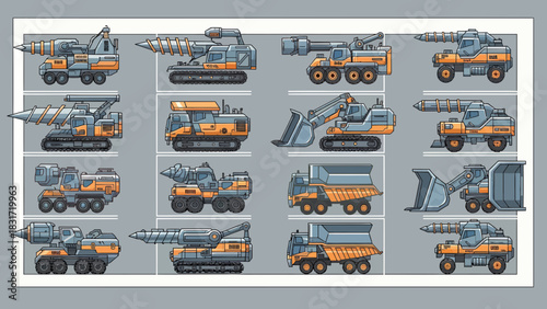 Cartoonish Mining Vehicles Set, Industrial Machines Collection on Grey