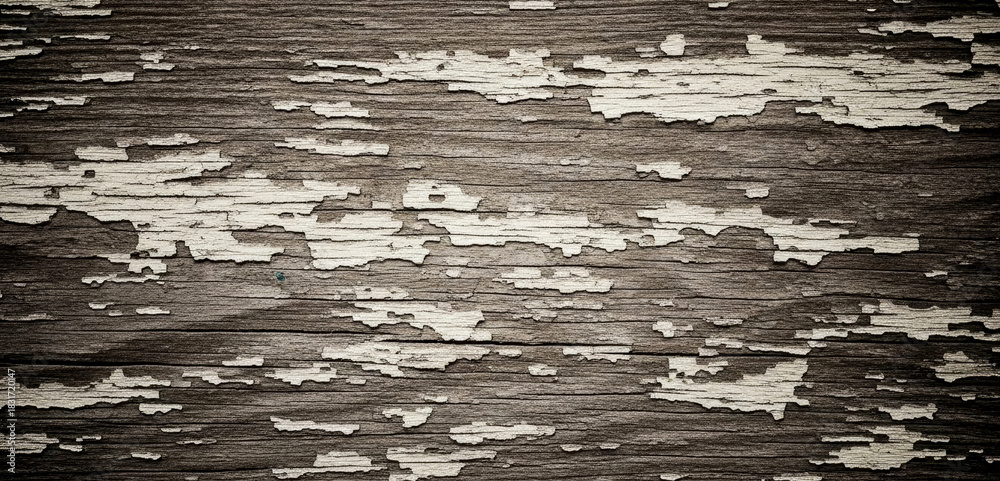 Obraz premium Dark weathered wood texture with peeling white paint fragments enhanced by deep natural grooves and aged tonal contrast that emphasize its rugged vintage appearance