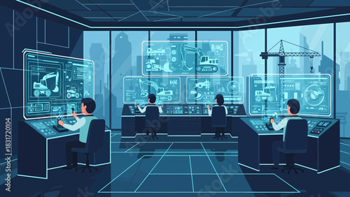 Construction Site Control Room With Operators Monitoring Progress