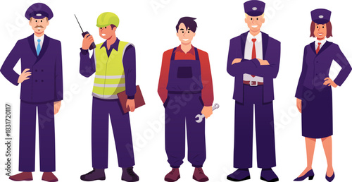 Full-length images of train station attendants, including a driver, repairman, and guide.