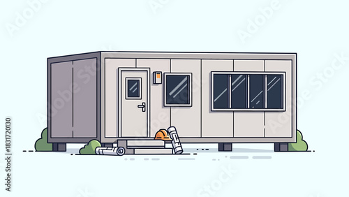 Construction Site Office Trailer With Blueprint And Hardhat Illustration