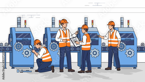 Engineers Team Inspecting Automated Production Line Machinery Setup