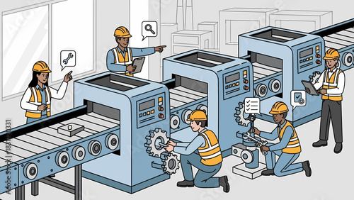 Engineers Maintaining Production Line with Conveyor Belt System