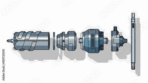 Exploded View Of A Precision Tooling Assembly In Gray Tone