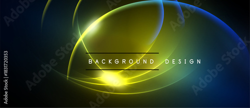 Abstract neon lines create glowing curves. Dark background emphasizes bright yellow, blue hues. Text reads background design.