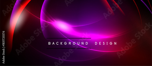 Abstract design features vibrant curves, gradients. Purple, red hues dominate dark background. Modern aesthetic, dynamic composition.