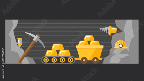 Gold Mine Process With Equipments And Trolley Full Of Golden Bars