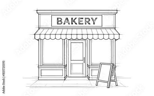Charming bakery storefront sketch with awning and signboard in outline style
