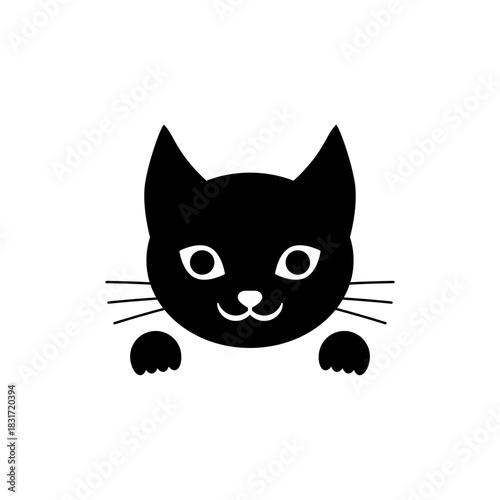 Funny cat face. Cute black cat head and paws. Vector illustration.