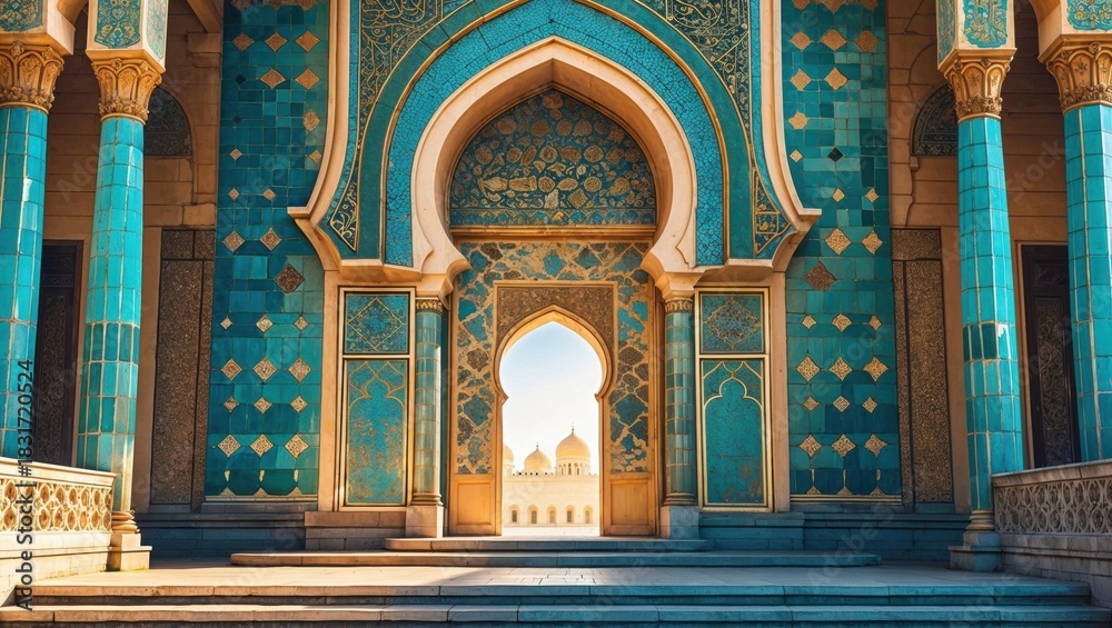 Fototapeta premium Grand mosque entrance with intricate turquoise tiles