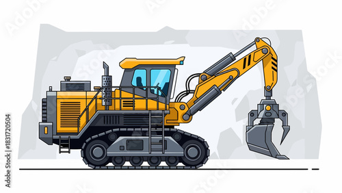 Illustration Of Heavy Excavator With Grapple Claw In Quarry Field
