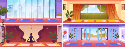 A set of posters featuring empty yoga studio interiors with panoramic windows, mats, and hammocks.