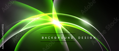 Abstract green light streaks form dynamic curves. Bright center radiates energy, creating modern background design. Dark shades enhance glow.