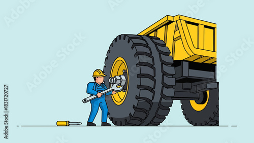 Repairing Heavy Machinery Mechanic Fixing Tire On Construction Truck