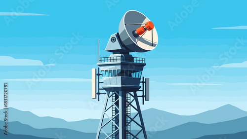 Stylized Communication Tower With Satellite Dish In Mountainous Landscape