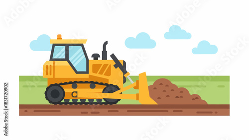 Yellow Bulldozer Pushing Earth Under Blue Sky Flat Illustration