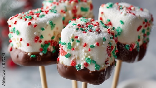 Chocolate-coated marshmallow pops with red and green sprinkles, playful close-up