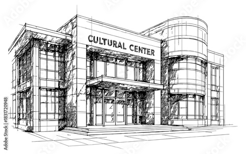 Architectural sketch of a modern cultural center building with detailed line art design