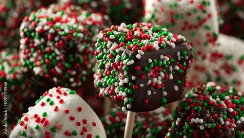 Chocolate-coated marshmallow pops with red and green sprinkles, playful close-up