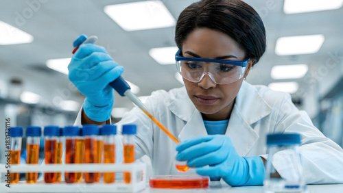 Focused scientist conducting research developing solutions in modern lab environment for healthcare advancements