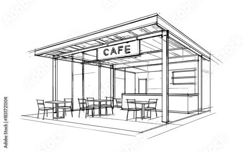 Modern cafe exterior sketch with minimalist outdoor seating and structural details