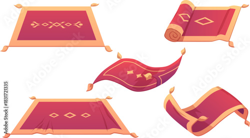 Magic flying carpet design, cartoon Persian red wool carpet with tassels, vintage floor rug, home textile mat vector set