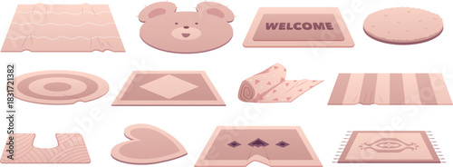Cartoon carpets nude beige vector set, different patterns, shapes and designs decorative rug, doormat, home textile mat
