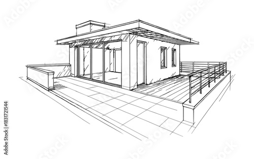 Modern minimalist house sketch with terrace and railing
