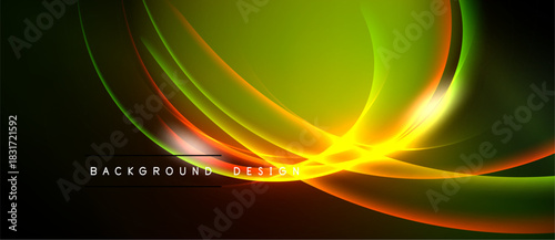 Abstract vibrant lines create dynamic flow. Green, yellow, orange hues blend against dark backdrop. Modern design element.