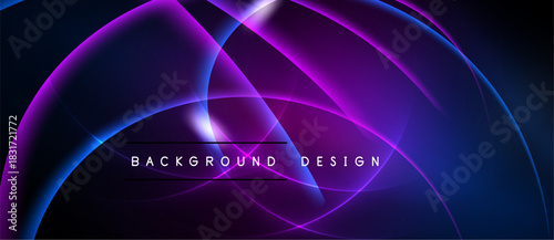 Abstract flowing lines create dynamic purple, blue gradients. Modern design features subtle light effects, text reads background design.