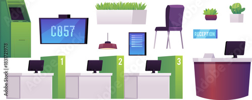 Bank office interior vector set, ATM, automated teller machine, queue scoreboard, reception and customer service desk