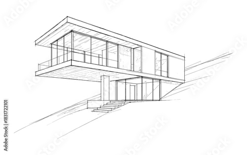 Modern minimalist house design on a slope in architectural sketch style