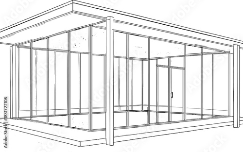 Modern linear outline of a glass-walled architectural structure