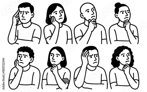 Diverse people contemplating: linear style expressions of thought and curiosity
