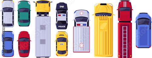 Vector set of vehicle icons, top view, bright colors, police, ambulance, truck, fire engine.
