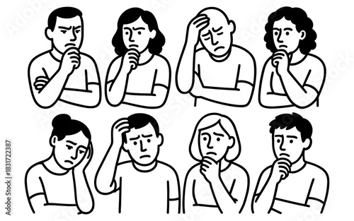 Expressions of contemplation and confusion in black and white line art style