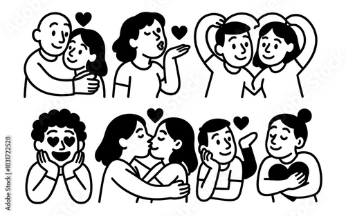 Black and white cartoon love: diverse couples sharing affectionate moments