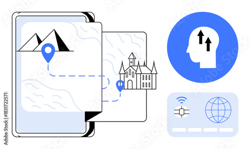 Digital navigation concept. Digital tools for navigation with a map, landmark, and location pin icons. Digital navigation enabling global travel and exploration. Ideal for tech, travel, GPS apps